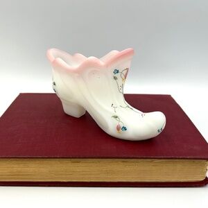 Vintage Fenton Art Glass Slipper Shoe Hand-Painted Floral Design, Signed